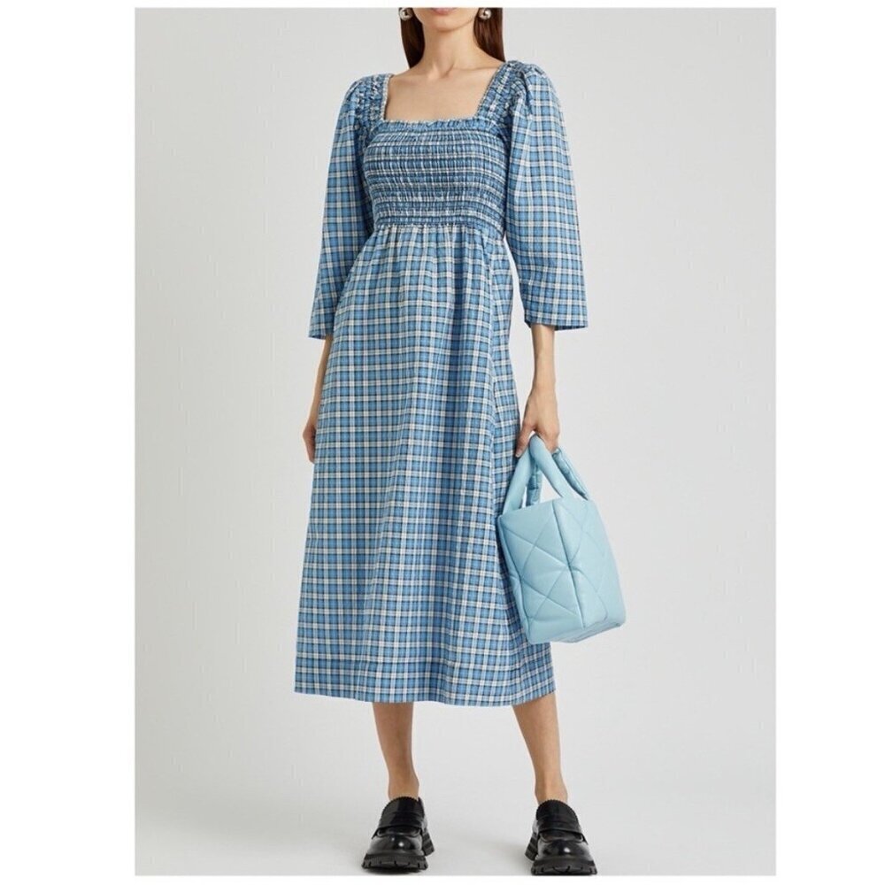 Ganni Dress Shirred Checked Cotton Seersucker Midi Blue DE 40 US 10 Milkmaid